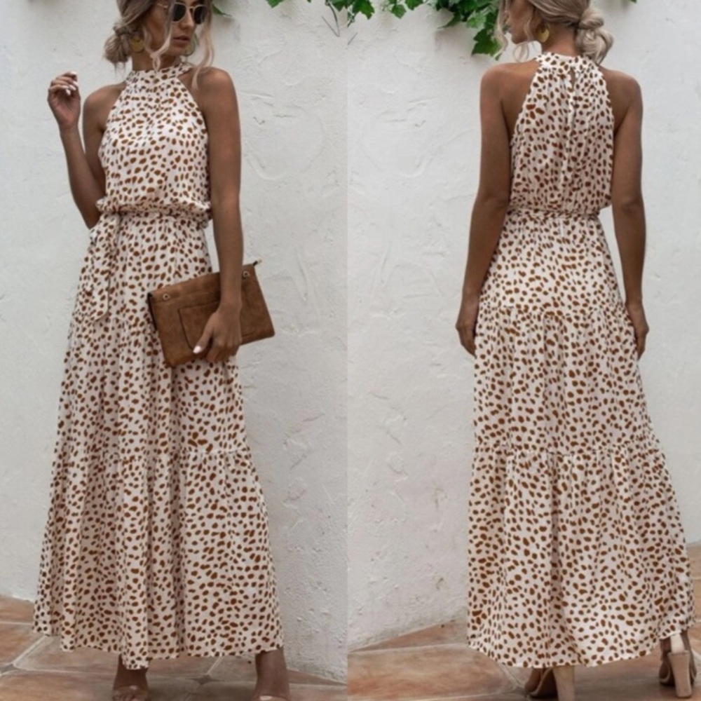 Boho cream brown  halter dot belted maxi dress - Picture 3 of 11